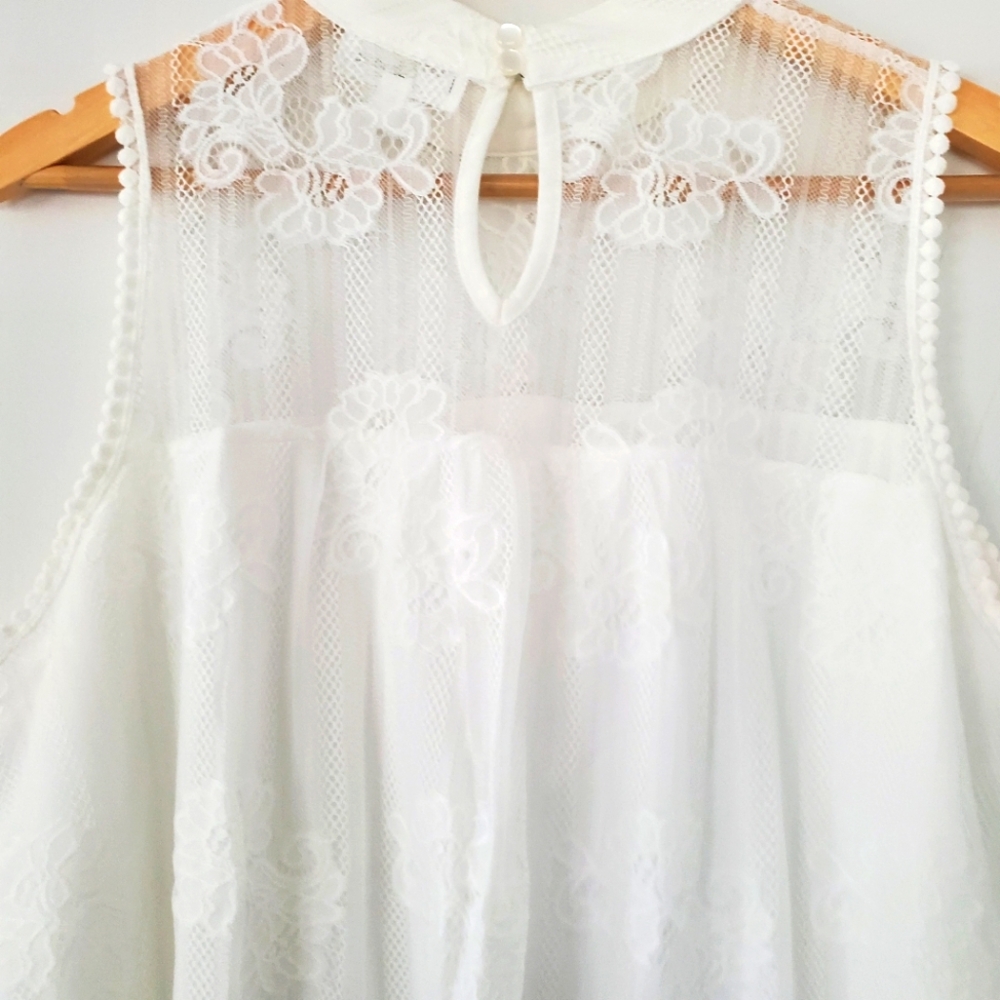 EVE & MADDIE XL White Lace Overlay Halter High Neck Sheer Top Crochet Romantic - Picture 10 of 13